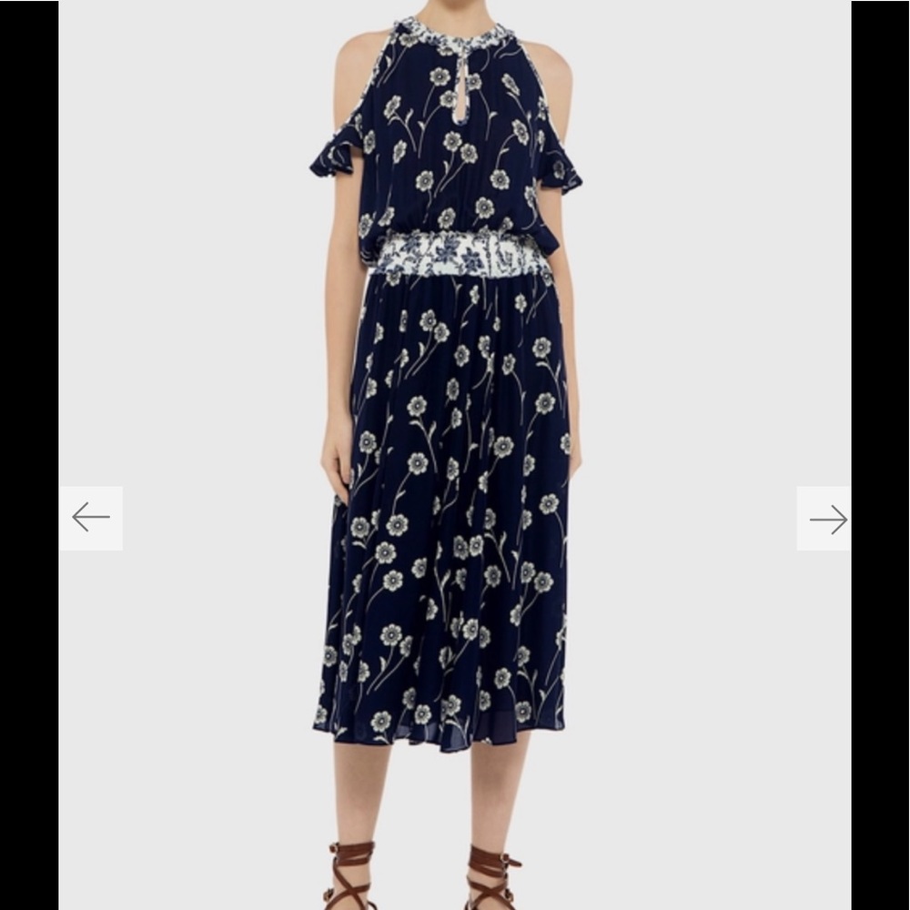 Derek Lam 10 Crosby Cold Shoulder navy Floral Midi silk Dress 4